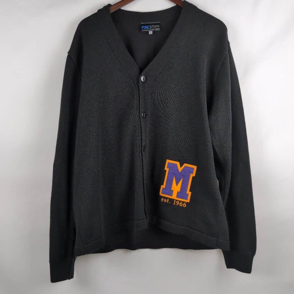 COBMEX Men's Black Cardigan "M" Purple/Gold Patch 5-Button Acrylic, Size Large